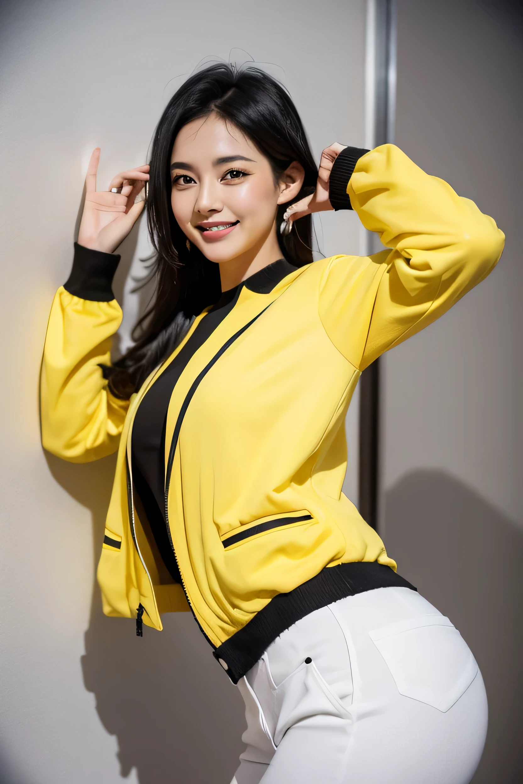 a BEAUTIFUL girl black hair who appears to be in a cheerful and playful mood, playful pose. The person is dressed in a bright yellow jacket and white pants, and they are winking at the camera.