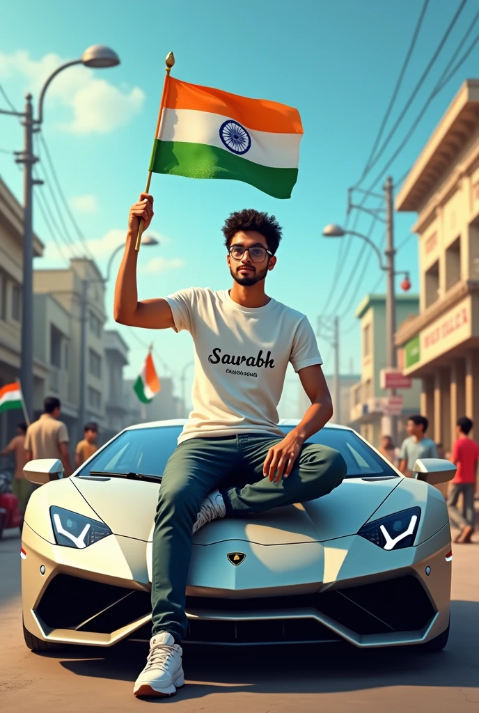 realistic Indian 19 year old boy sitting on Lamborghini car Holding Indian flag and celebrating India festival happy independence day with background of blue sky in Indian Street boy wearing pant, white t-shirt with written name ”Saurabh”style hair on it by the way childrens are holding Indian flag playing round, smart, shoes, some children also playing, and someuncles drinking tea at a shop. also a text written “Happy independence day”at top, 3D art painting real photo wit high resol.