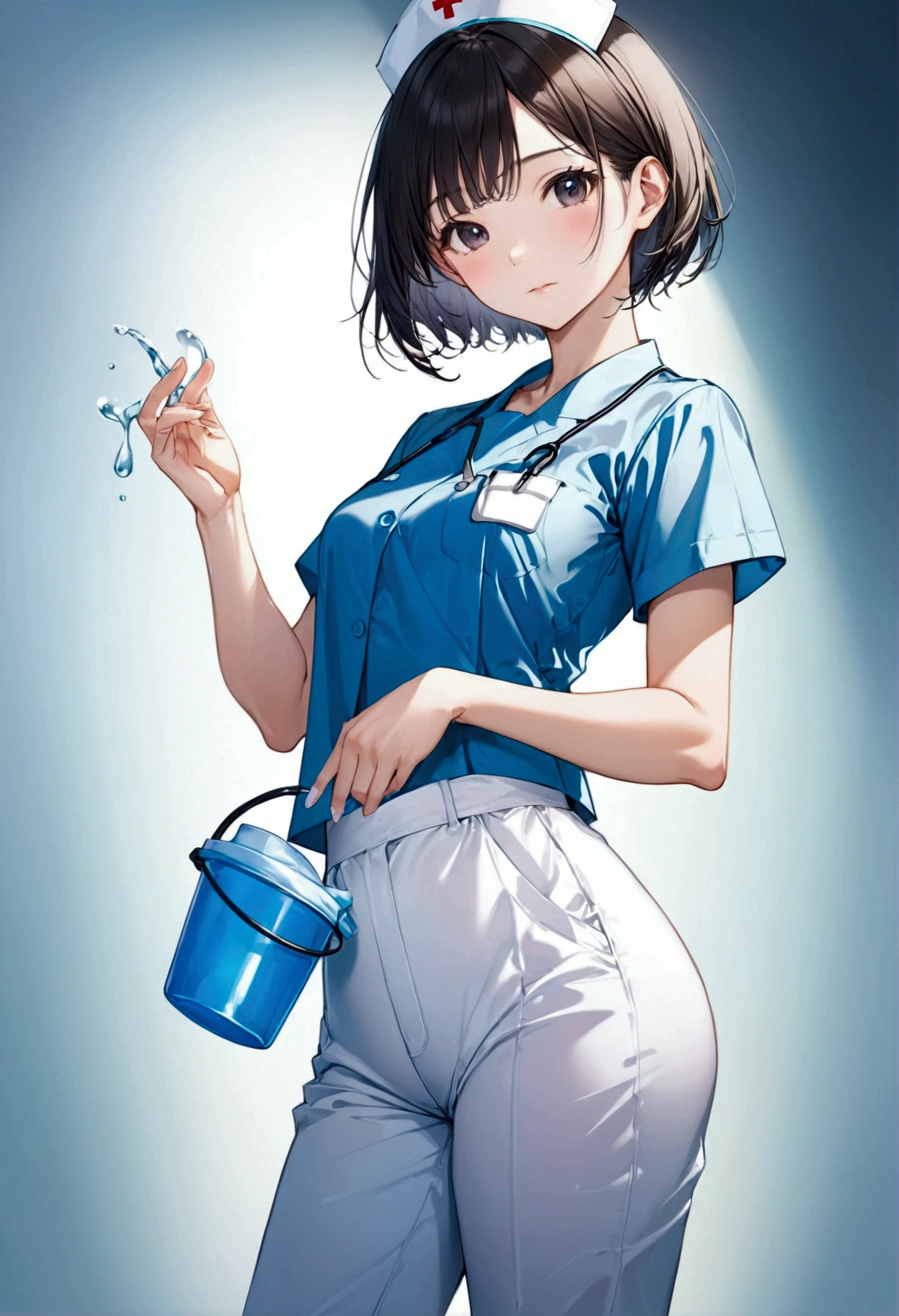 An Asian pretty age nurse in white nursing pants, slender, large hips, slim waist line, straight short hair, cleans her thin fingers with large amount of white sloppy liquid.