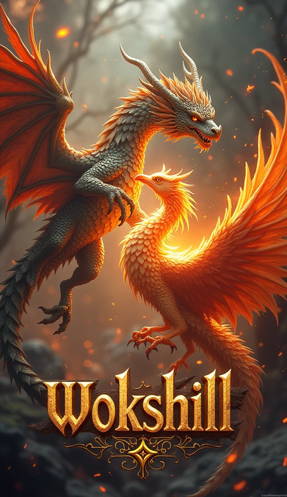 There is a fantasy title "Wokshill" written in the mythological style. There is a small dragon and a small phoenix fighting in the fire behind in the background of the title. A 3D, fantasy, realistic, aesthetic poster.