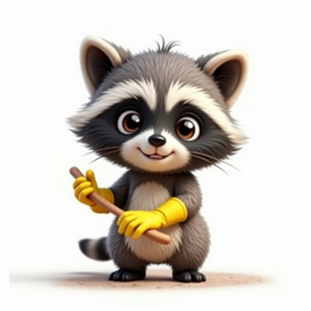 (photorealism:1.2), a raccoon in rubber gloves, white background, The raccoon is doing the cleaning, Cute cartoon raccoon