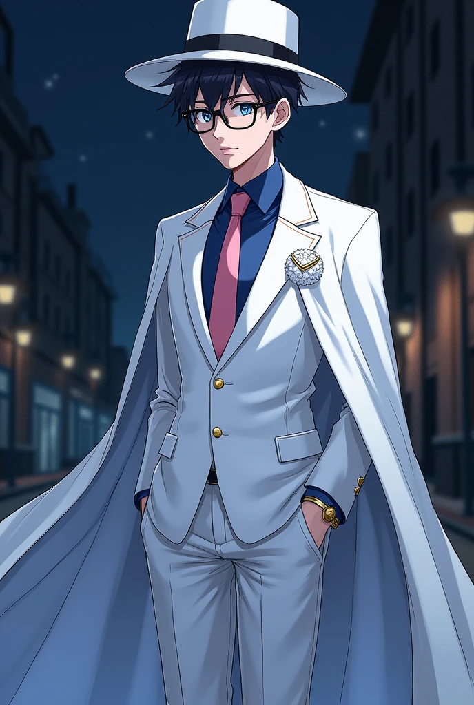 A male high school student wearing a school uniform 1st Army smart Random hairstyle At night, he becomes a phantom thief White tuxedo silk hat Blue Shirt Pink tie White Cape Glasses for only one eye