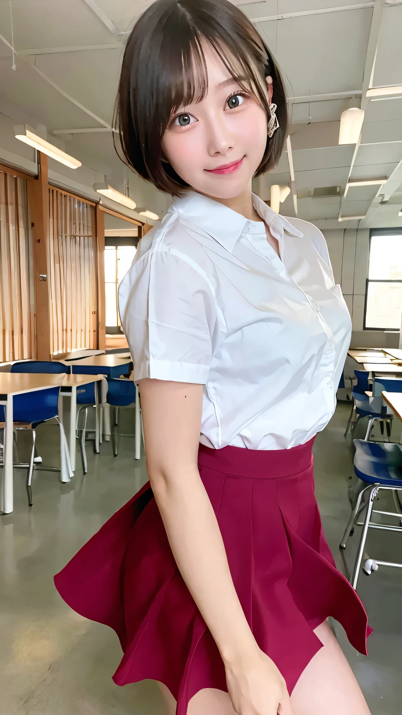 best quality, 1 beautiful high school girl, , lifting skirt, playful expression, indoor, classroom setting, short hair, bright lighting, high detail

