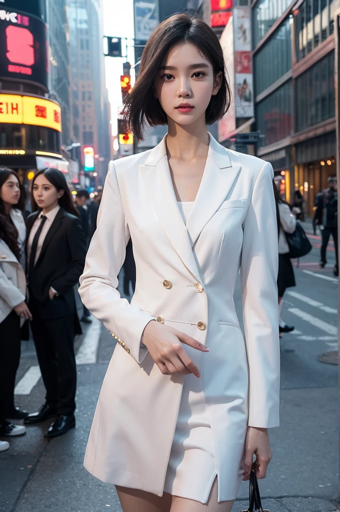 A fashion girl,Delicate facial features,The background is on the streets of New York,Wearing a white suit,Cyberpunk style photos