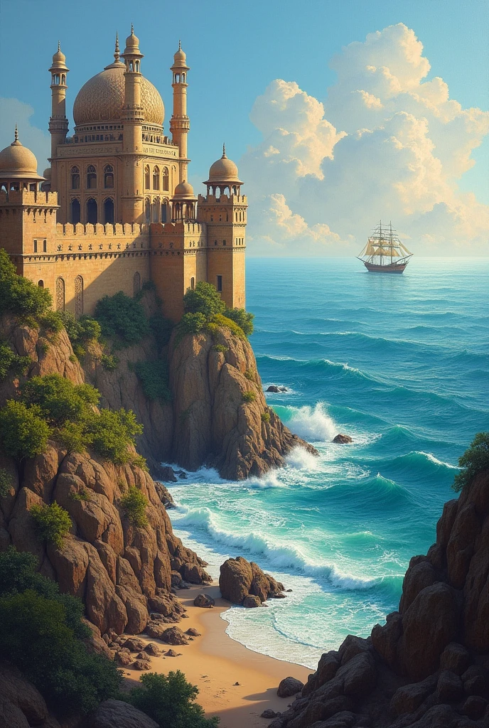 oil paintings huge indian fort with ship and ocean