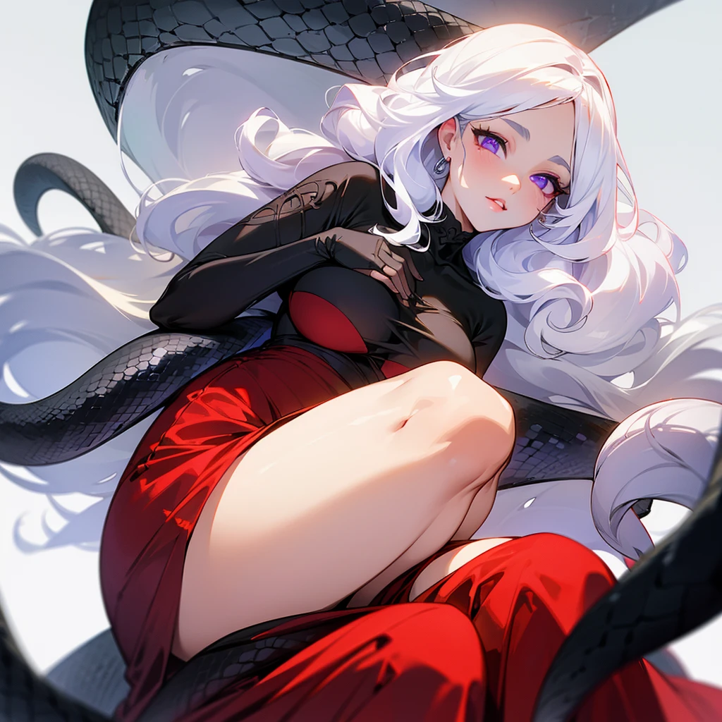 ((ultra quality)), ((masterpiece)), ((Angelic beauty woman)), ((long white curly hair)), ((White hair)), ((fluffy white hair)), ((curly hair)), (beautiful face), (beautiful female lips), Enchanting ((Seductive facial expression)), looks at the camera with a slight smile, (White skin color), (White skin), glow on the body, ((detailed eyes)), ((Next to a huge black snake)), ((violet eyes)), (juicy female lips), (dark eyeliner), (beautiful female hands), ((thick body)), ideal female body, ((Red dress)), beautiful waist, beautiful big hips, big breasts, thick thighs, ((threatening and beautiful)) (), ((depth of field)), ((high quality clear image)), (delete details), ((High detail)), ((clear focus))