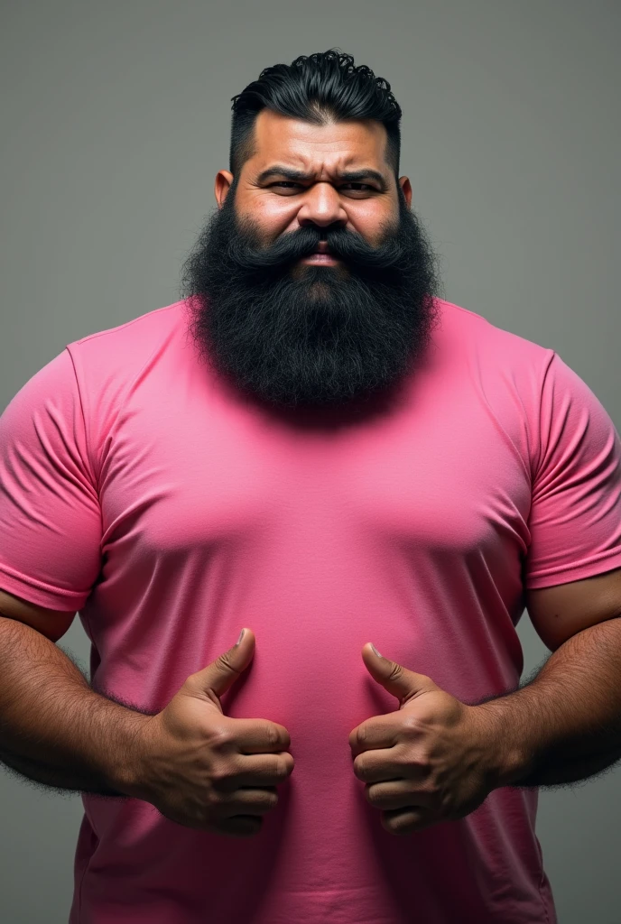Fat black bearded man wearing a pink t-shirt