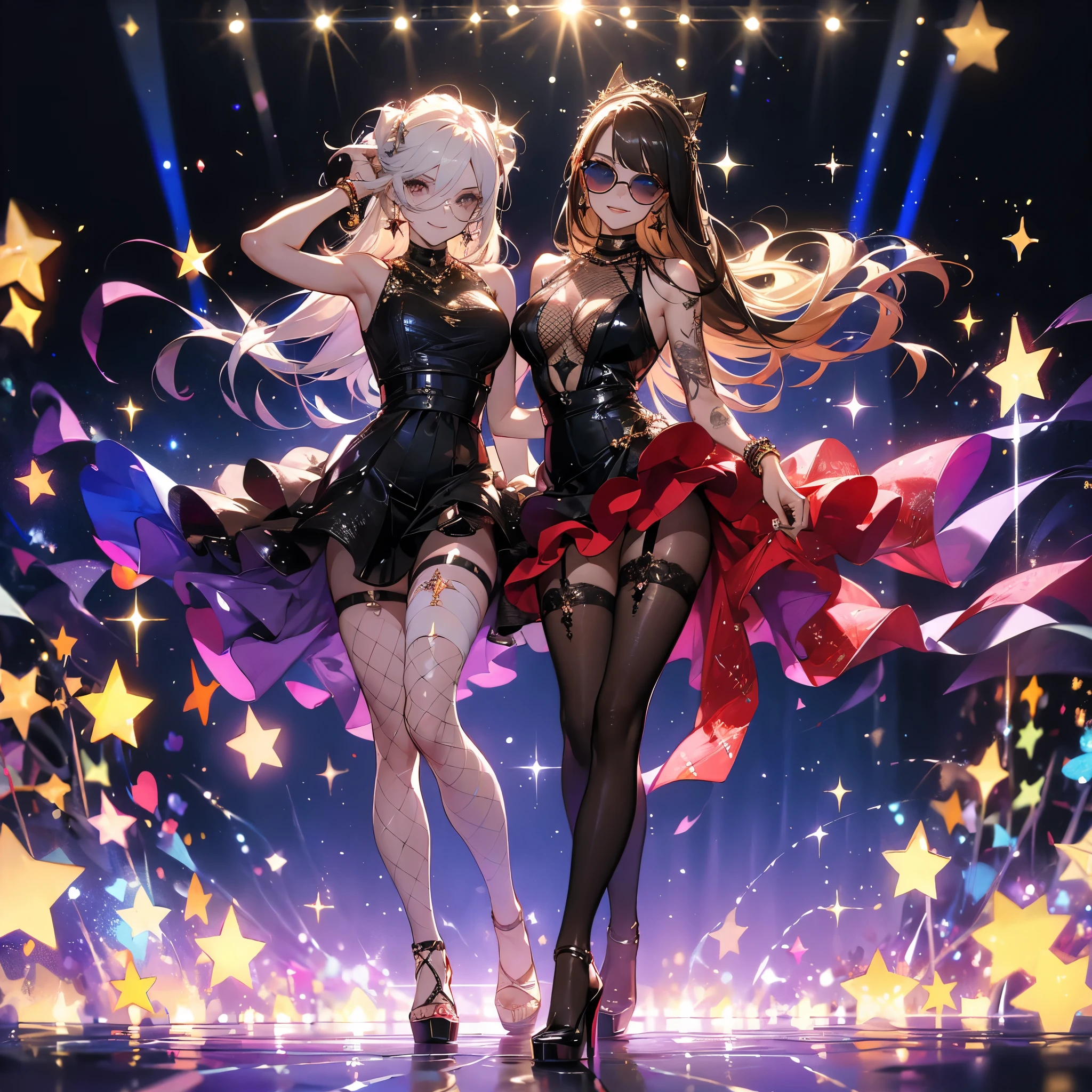 ((masterpiece, best quality)),Idol singer,Shining stage background,Sunglasses are hanging on the head.,Delicate face,Smile,whole body,Perfect body proportions,Sparkling eyes,ly,Tattoo,Extremely beautiful,transparent,High heel,Fishnet stockings,Starlight decoration