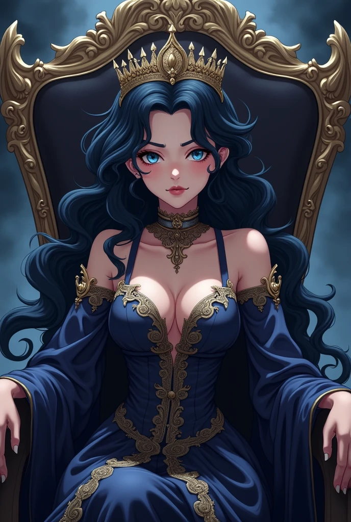 (best quality,highres)Beautiful girl with wavy long black hair,blue eyes,ironic smile,sit on throne,badass,dark atmosphere,fantasy queen clothes,anime style,arrogant personality, Look down on