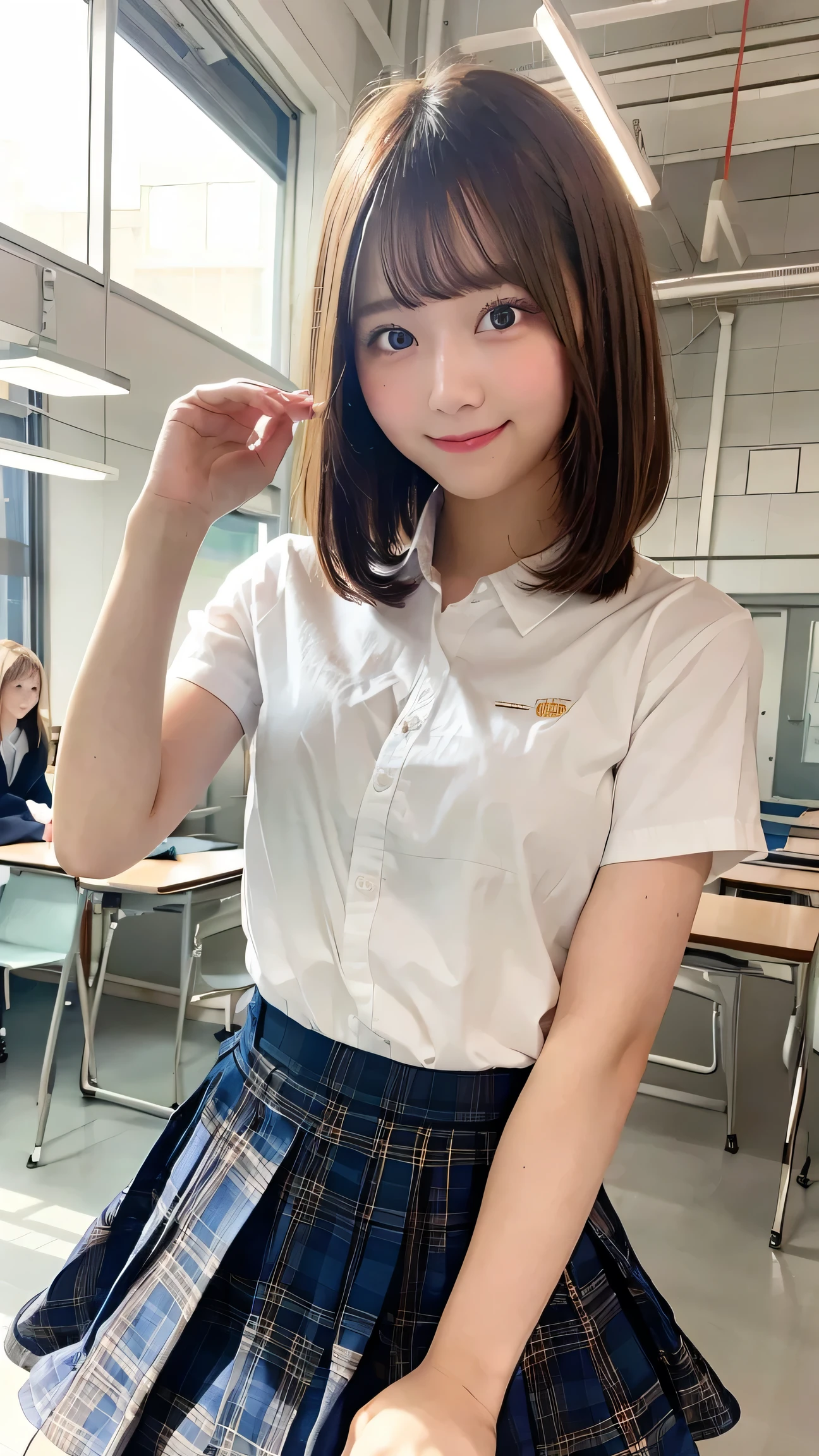 best quality, 1 beautiful high school girl, , lifting skirt, playful expression, indoor, classroom setting, short hair, bright lighting, high detail