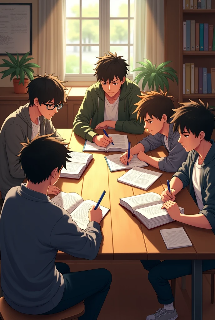 boys study group, reading on table realistic
boys gathering