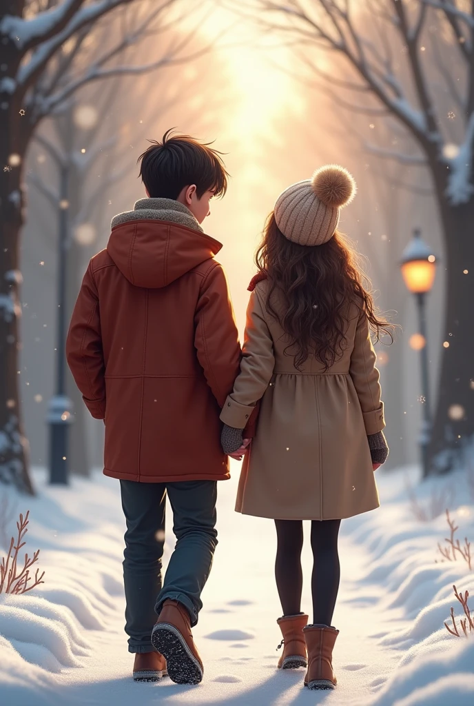 A boy holding his girlfriend hand to makes her hand warm in winter time while walking and putting his hand with girlfriend hand indide of the pocket
