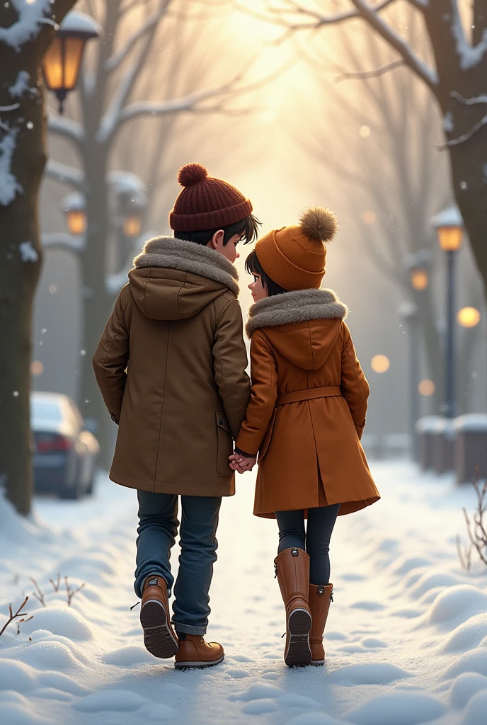 A boy holding his girlfriend hand to makes her hand warm in winter time while walking  and putting his hand with girlfriend hand indide of the pocket 