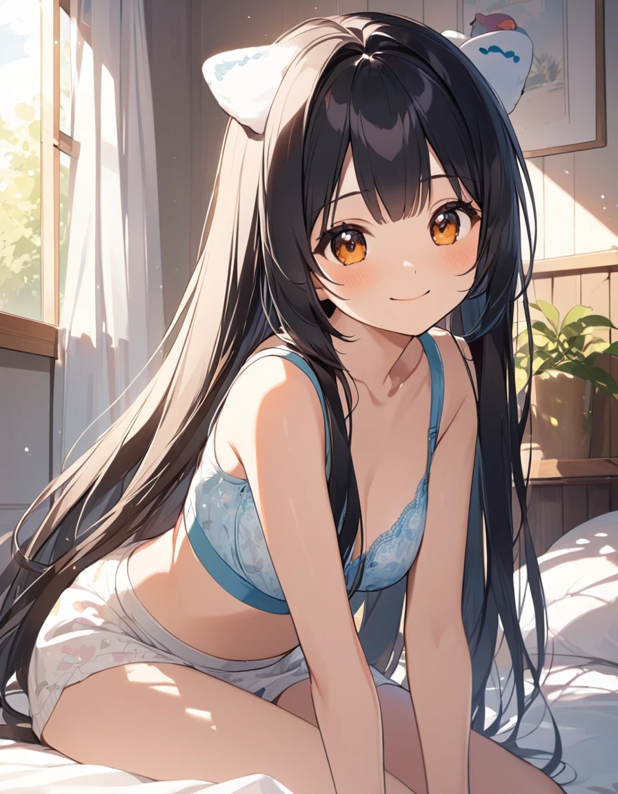 Girl, cute, adorable, chest to head, smiling, straight hair, long hair, black hair, sitting with legs to the side, morning, sunny, leaning forward, bedroom, bra top, looking at the camera
