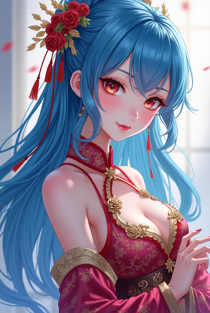 Beautiful anime girl in a Chinese dress、Sexy blue hair with clear armpit and pussy line