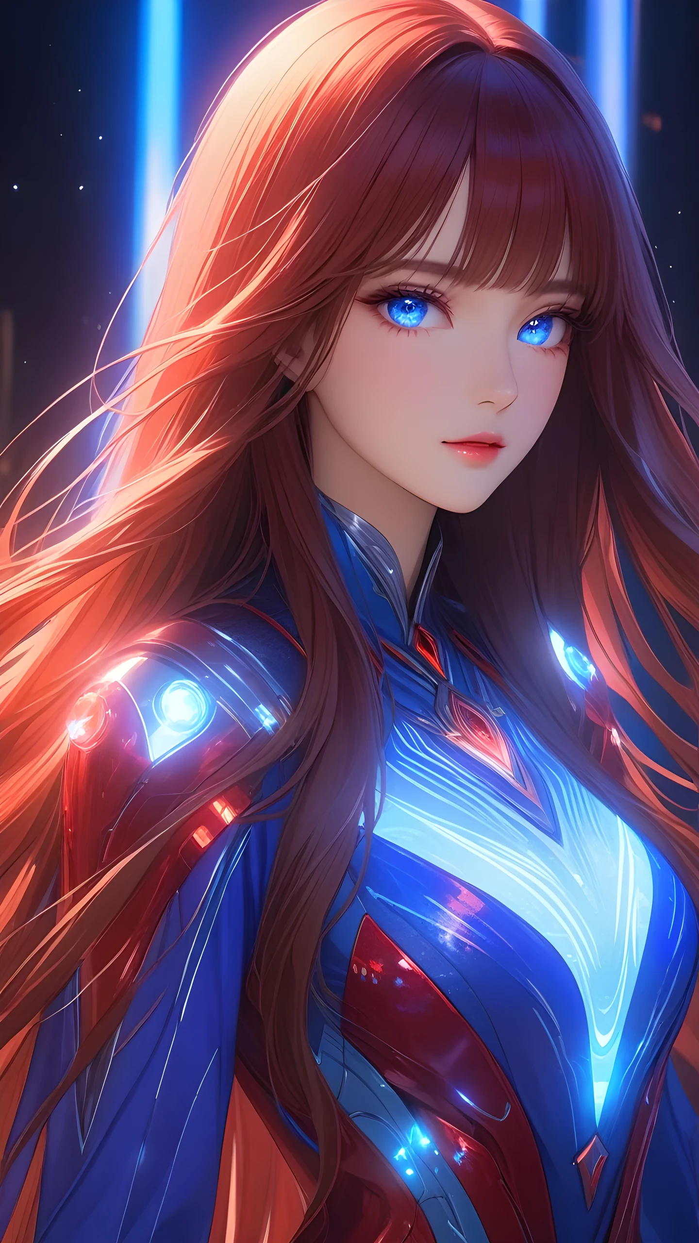 8K, Ultra HD, Masterpiece, 1 girl, exquisite face:1.5), very long hair, strait hair, detailed eyes, ultimate details, wearing transparent science fiction clothes, blue clothes, (glowing clothes:1.4), amazing magnificence,red LED Internal lighting, glowing iris, glowing iris,