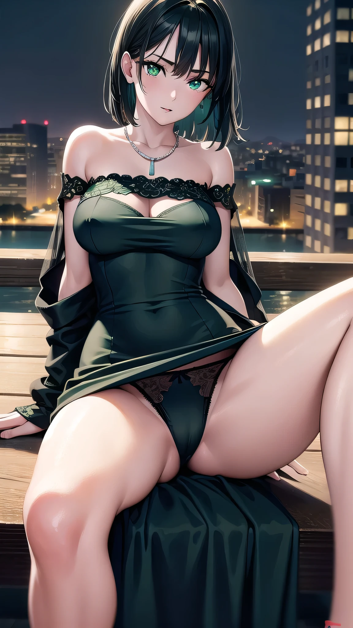 BREAK (masterpiece:1.2), best quality, high resolution, unity 8k wallpaper, (illustration:0.8), (beautiful detailed eyes:1.6), extremely detailed face, perfect lighting, extremely detailed CG, (perfect hands, perfect anatomy),city,street,wet road,reflections, buildings,night,fubuki, black hair, (green eyes:1.5), short hair,black dress, dress, fur coat, high collar, jewelry, necklace, off shoulder, taut clothes, taut dress,stockings,neckline,cleavege,nipples see through,sitting in bench, wide spread legs,showing panties,lace panties,showing legs.