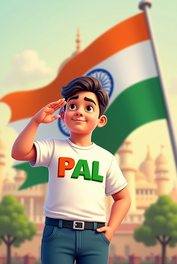 Men saluting the Indian flag from the , wearing 'PAL' t-shirts with 'P' in orange, 'A' in white, and 'L' in green. At the top left corner of the image, the text reads '78th Happy Independence Day.'" only one men. Age 21. More look like a cartoon  p text orange a is white and L is Green 