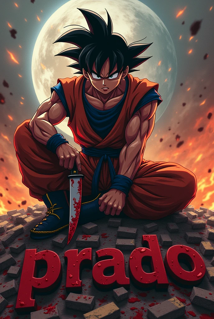 an image of Goku covered in blood with a knife sitting on some letters that say "prado" bathed in blood and watching as the earth is destroyed