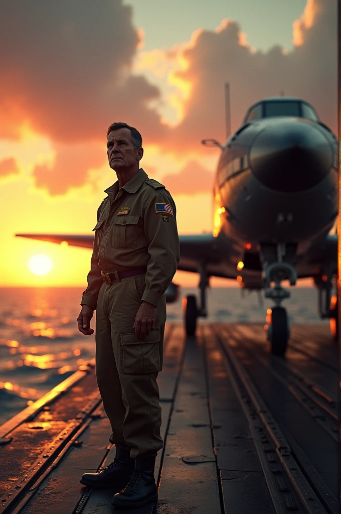 A historic scene showing George H. W. Bush, young and determined, standing beside his aircraft on an aircraft carrier, with the vast ocean and a setting sun in the background. The atmosphere is tense, hinting at the impending battle