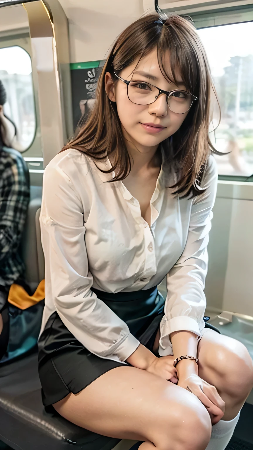 ((Japanese commuter train:1.3)、Woman standing on a train looking out the window:1.5、Office lady commuting on the Yamanote Line、(Realistic、Like a photograph、Live Action、8k, Realistic, RAW Photos, Best image quality: 1.4), Single-lens reflex camera、RAW Photos, Highest quality, Realistic, Highly detailed CG Unity 8k wallpaper, Written boundary depth, Cinematic Light, Lens flare, Ray Tracing, Realistic background、((Ultra-Dense Skin))、 23-year-old woman、Cute Japan OL、(whole body:1.5)、((White blouse、Black tight skirt:1.5)、(Wear glasses:1.4、(Over the knee socks:1.44、Absolute area))、Very detailedな顔,avert your eyes:1.5、(Long Hair:1.2、I like that style、stylish、Very detailed、Pay attention to the details、Perfect outfit、(Sunburned skin)、Front view、Accurate hands、Accurate legs、Detailed hands and fingers、Anatomically correct body、Thin legs、Thin thighs、Large Breasts、Very detailedな顔