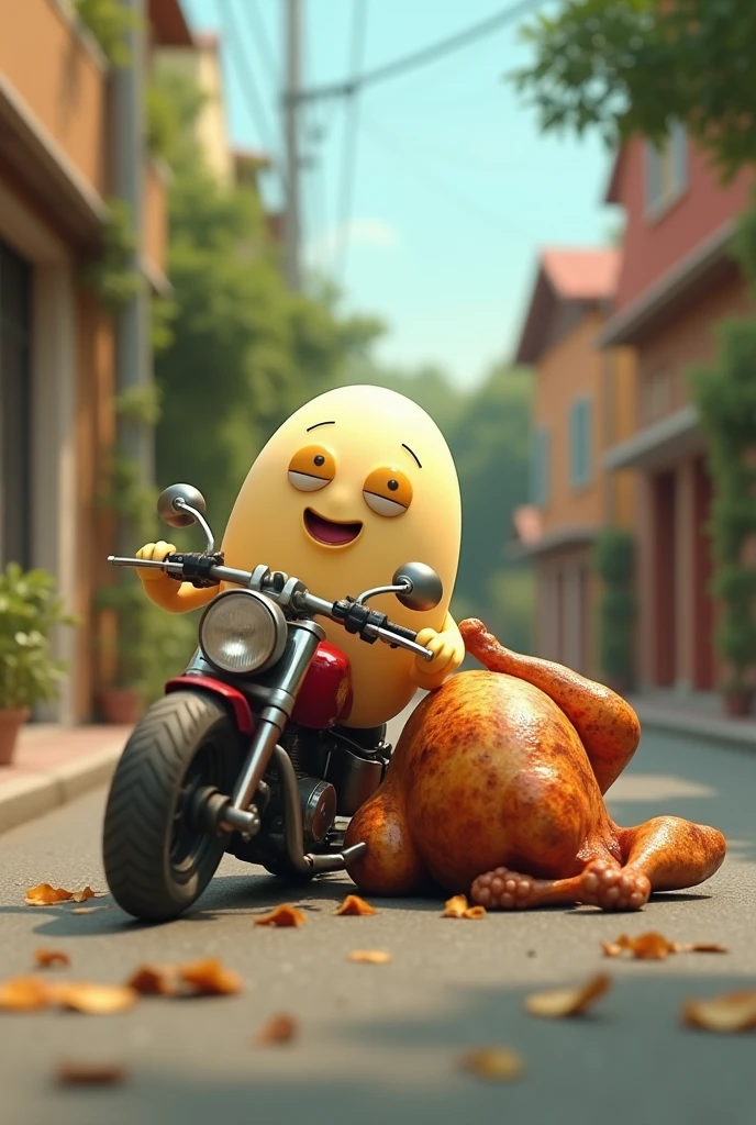 Create Willy from A Movie of Eggs, fallen from a ft125 motorcycle with a roasted chicken on the side