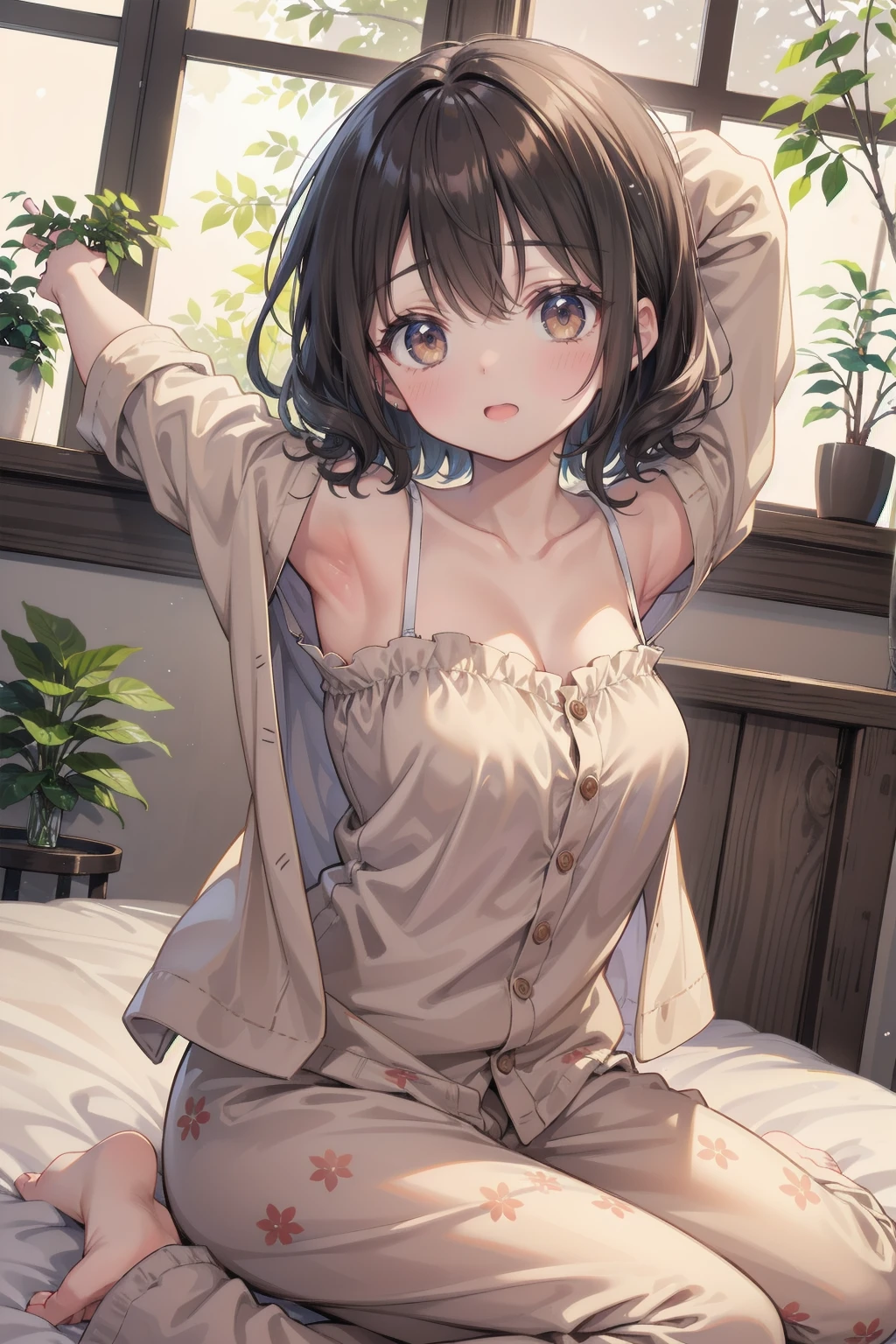 (masterpiece:1.2), Detailed fingers, Beautiful woman, Sitting on the bed, She is wearing a loose off-the-shoulder top., Pajama pants, Short Curly Hair, indoor, Soft lighting, Background plants, Window with sunlight, Cozy rooms, Relaxed pose, Intricate details, Warm colors, Japanese schoolgirl, stretching arms upwards, yawn loudly
