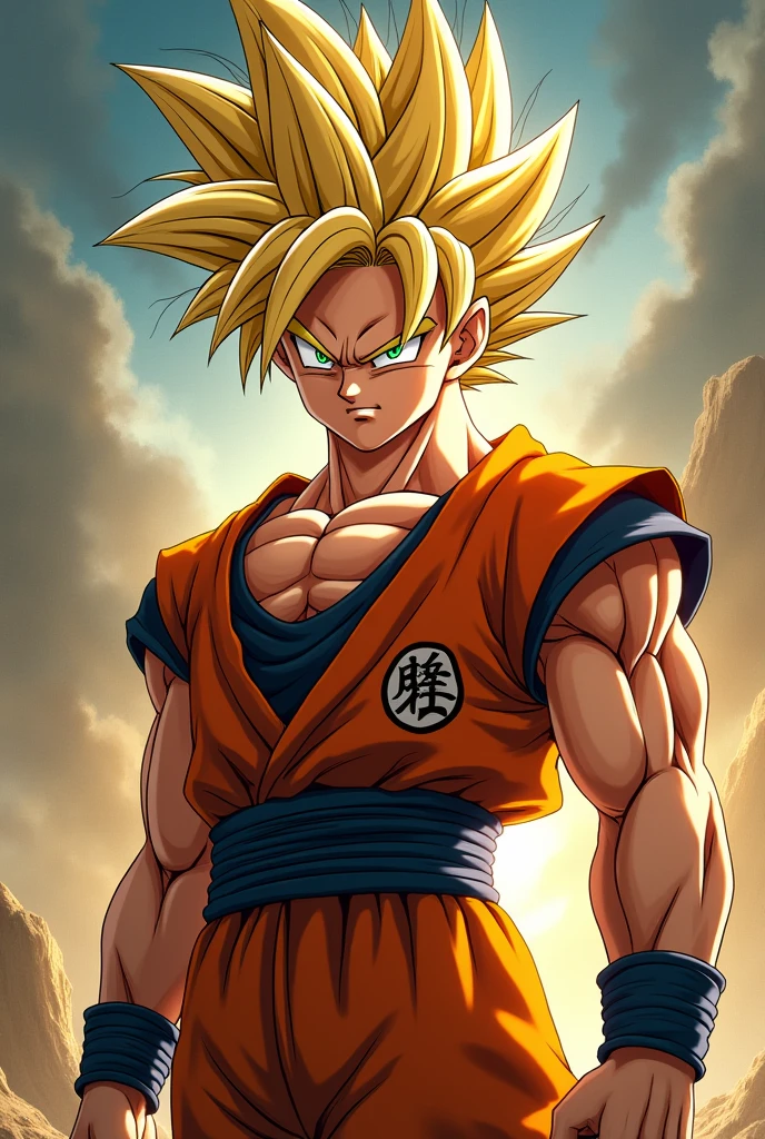 Goku, goku in the center with serious face and tsunade green eyes and pale yellow hair in movie poster view,