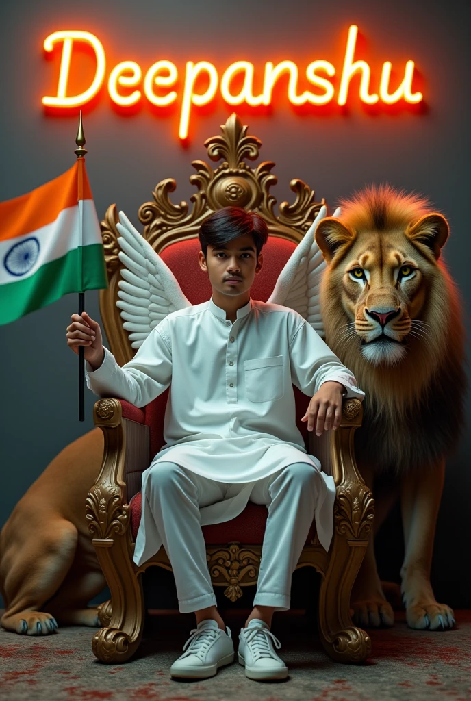Create a 30 illusion for the profile picture where a cute 19 year old boy in white kurta is sitting comfortably on the chair of the King of Beasts throne. Indian flag in hand And a ferocious lion next to me. Wearing sneakers, he looks ahead. "Deepanshu" is written in large, orange neon light font on the dark gray wall in the background. He has no shadow and has Iridian Tricolor colored wings