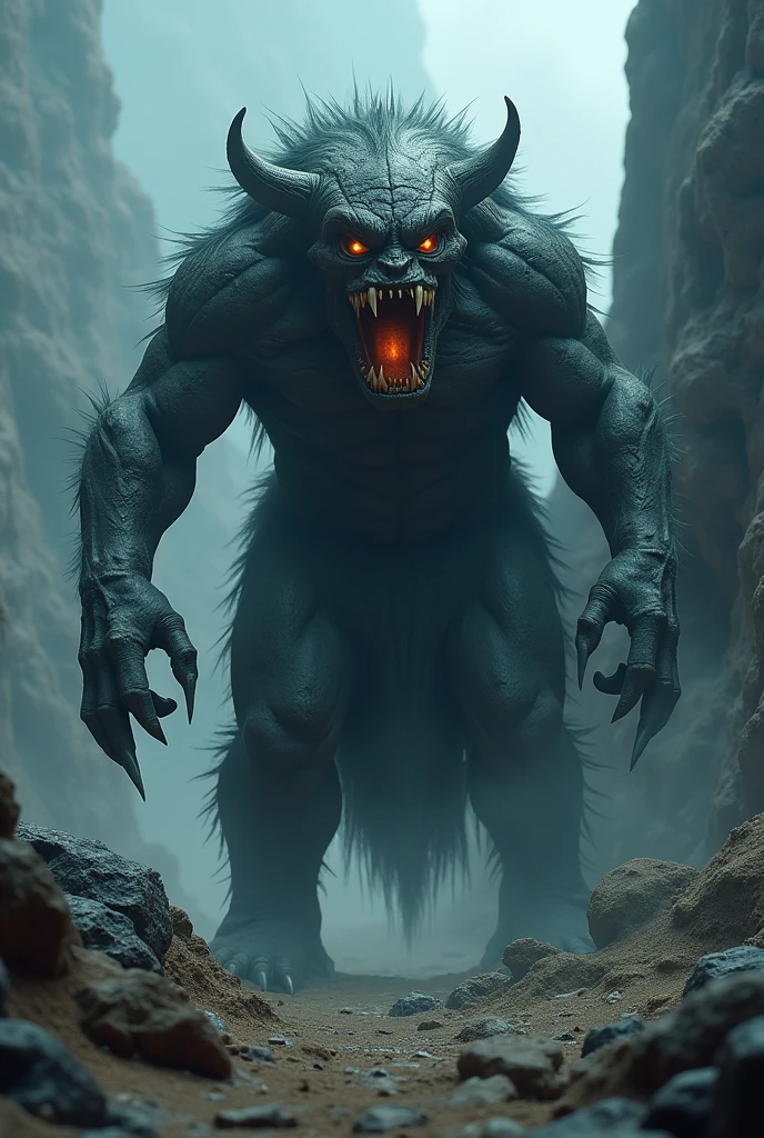 Create a highly realistic, photorealistic image of "Kōga Oni," an original Japanese yokai. This steel-fanged demon bites through anything. It appears as a monstrous, hulking figure with sharp, metallic fangs, glowing eyes, and dark, cracked skin. The atmosphere should be dark and menacing, set in a desolate, rocky wasteland. The background should include jagged rocks, dim lighting, and an ominous sky. The image should have a vertical orientation with a 9:16 aspect ratio.




