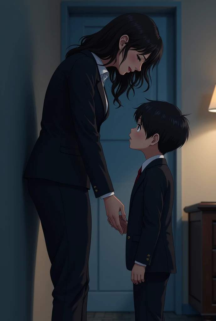 score_9, score_8_up, score_7_up, source_anime, 1boy, 1girl, mature female is smiling, mother and son , ???, son's back against the wall, (mother is whispering), in a hotel room, ass grab, night time, business suit