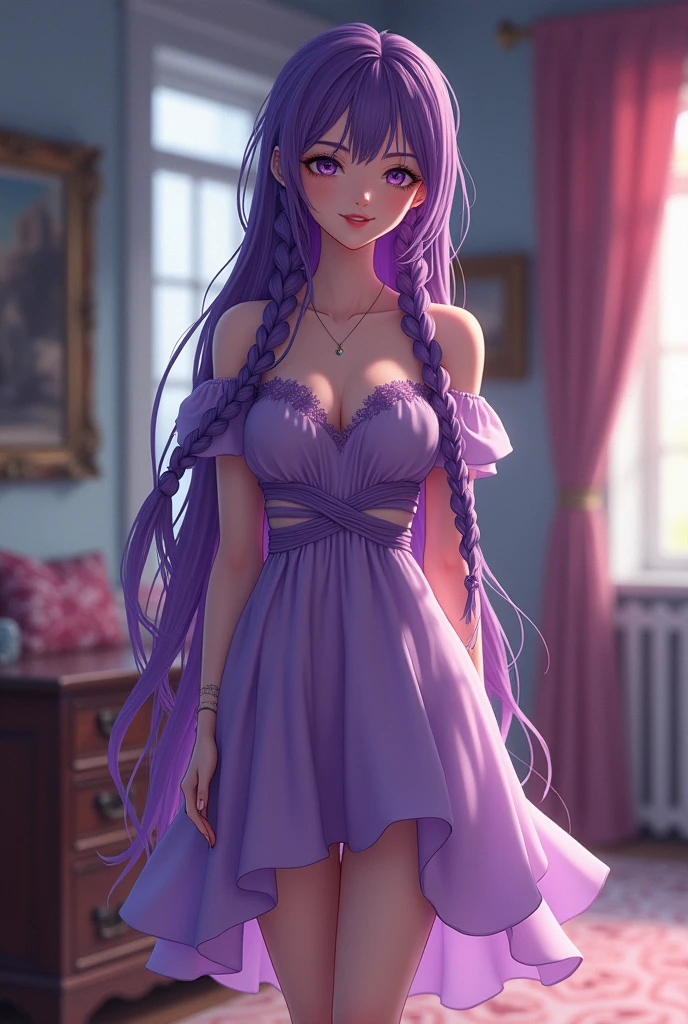 Young woman, Nineteen years old, Long purple braided hair, Beautiful face, Wearing a European-style purple dress, Medium sized breasts, Thin waist, Her butt is average., Standing in the room, Drawing style Anime 2.5D