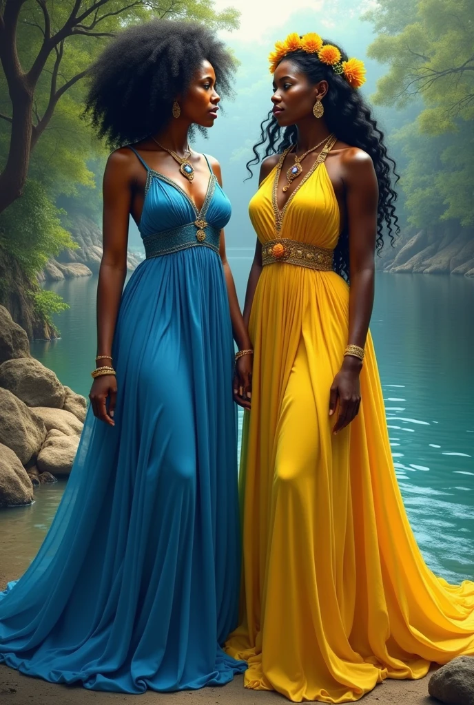 Creating a half-fat black Yemanja in a blue dress next to the half-fat black orisha Oxum in a yellow dress