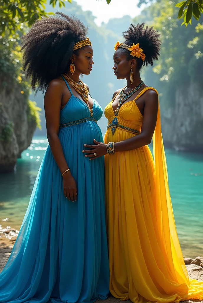 Creating a half-fat black Yemanja in a blue dress next to the half-fat black orisha Oxum in a yellow dress