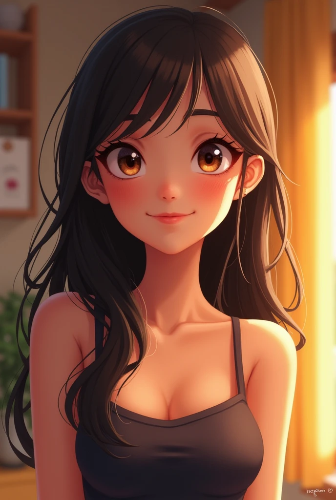 A young woman with long, straight dark brown hair. His face has a friendly and serene expression., with large, expressive light brown eyes. She has defined eyebrows and full lips with natural color.. She is wearing a tight dark colored tank top. Her skin is fair and her expression is gentle and friendly.. The overall style is cheerful and vibrant, with emphasis on the details of the face and hair, in a cozy and well-lit environment