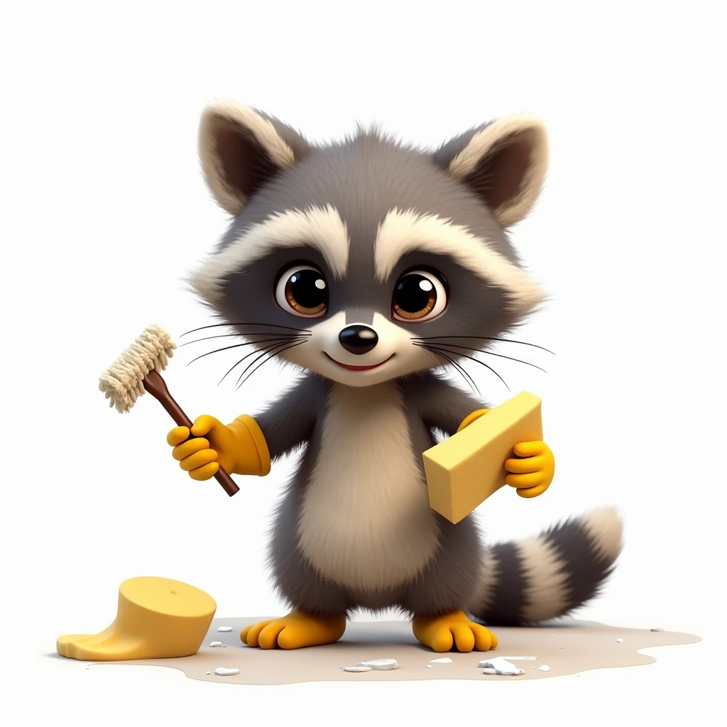 (photorealism:1.2), a raccoon in rubber gloves, white background, The raccoon is doing the cleaning, Cute cartoon raccoon