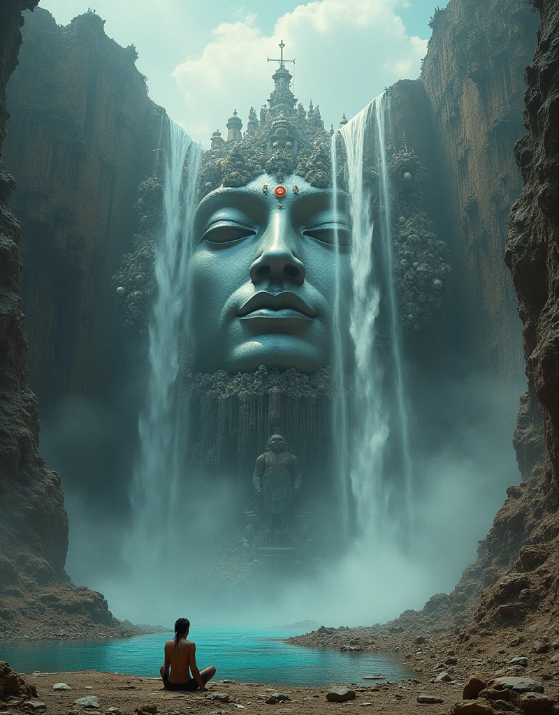 Waterfall, hyper-realistic mist cascades down, surrounding the ruined, intricately detailed face of meditating Hindu god Shiva, forelimbs aligned, surrounded by strange gears, veils of distortion and a massive fortress in the vivid, detailed, ruined cityscape, in the style of Salvador Dali with a twist of biomechanical surrealism and the cinematic touches of Ash Thorp and Simon Stalenhag's cyberpunk landscape, with intense, colourful, side-lit, epic, Splash art quality and an archive of encrypted ancient symbols scattered around the pool of water below