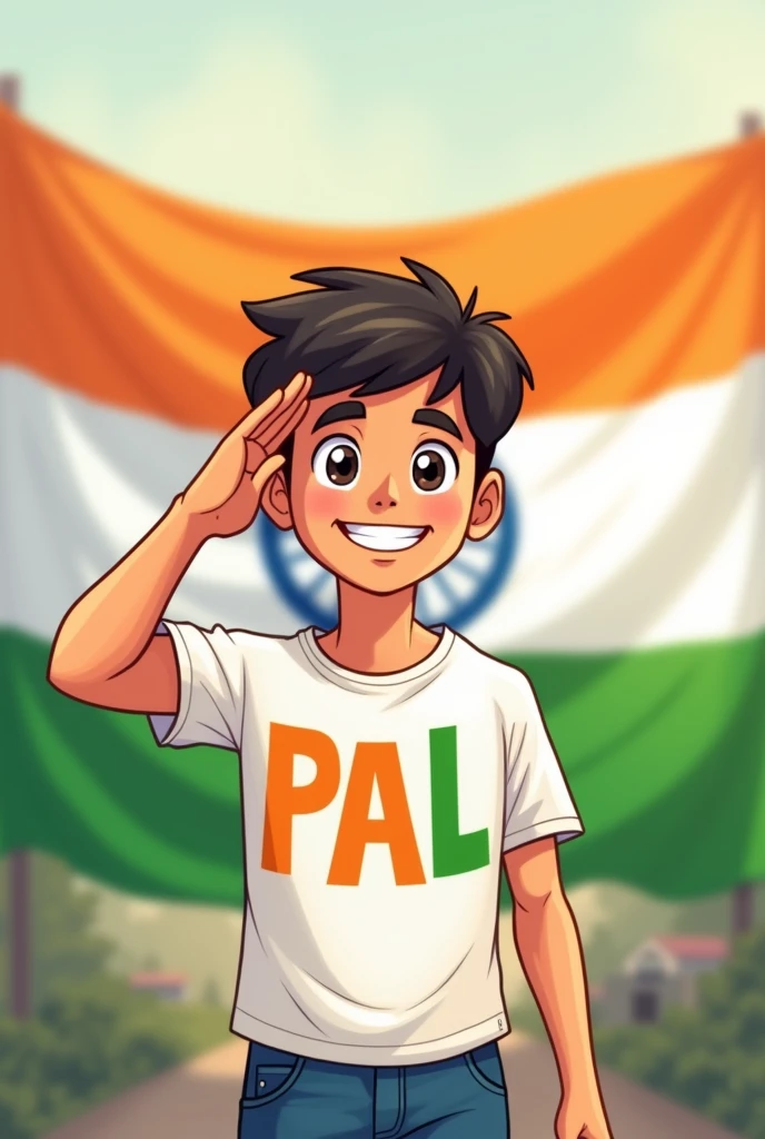 Men saluting the Indian flag from the , wearing 'PAL' t-shirts with 'P' in orange, 'A' in white, and 'L' in green. At the top left corner of the image, the text reads '78th Happy Independence Day.'" only one men. Age 21. More look like a cartoon  p text orange a is white colour and L is Green 