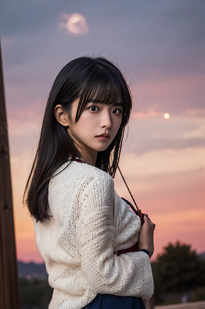 Kidnapped Woman、His hands are tied、((Place your hands behind your back))、((Place your hands together and cross them behind your back))、(((Her wrists are tied with rope、shibari)))、beauty、20age、university student、(anatomicaly, Has two arms and two hands)、Standing on a hill at night、There are a lot of trees、Beautiful night sky、There are many stars、A strong wind is blowing、Wearing a short-sleeved blouse、Wear a high school student-style miniskirt、Uniform eyes、Proportioned proportions、Small breasts、Small face、(I can see from head to heel), Black Hair, bangs, swept bangs, Straight hair, Nervous, Messy Hair, Floating hair, Cinema Lighting, tachi-e, First-person view, throw, From behind, F/1.2, Nikon, Cowboy Shot, Surrealism, 超High resolution, Highest quality, High resolution, 8k, Textured skin, anatomicaly正しい体,