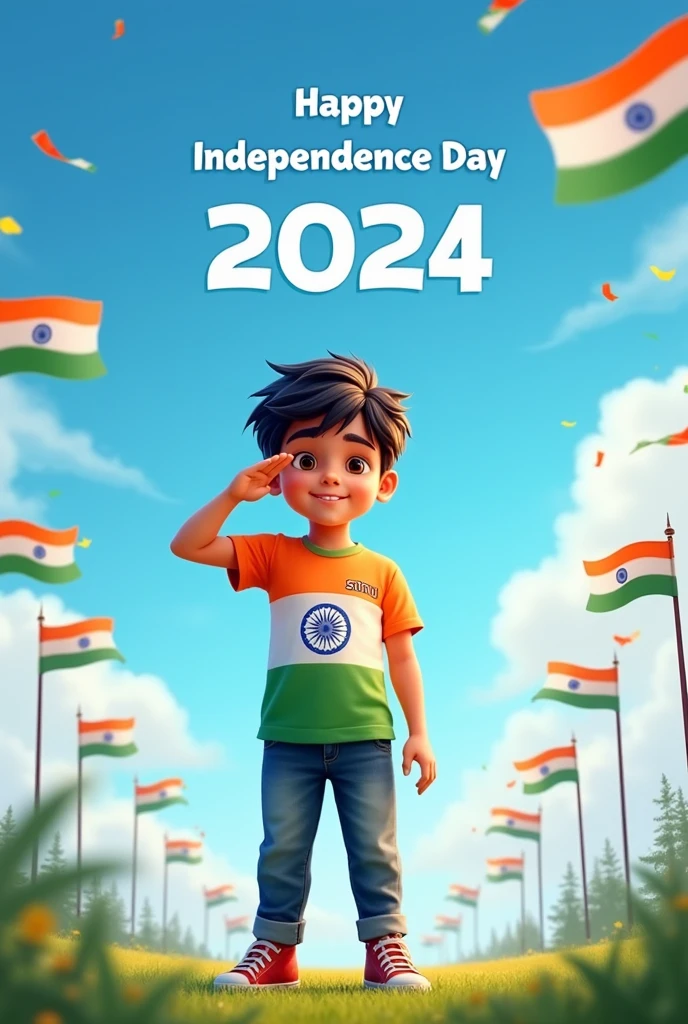 A young boy stands proudly under a clear blue sky, celebrating Independence Day on August 15th, 2024. He is wearing a vibrant tricolor T-shirt with his name "sonu" printed on the back, along with a large image of the Ashoka Chakra. The sky above him features the words "Happy Independence Day 2024" in bold, festive letters. Indian flags are flying around him, and a sense of national pride fills the air as he salutes, symbolizing his love for the country.