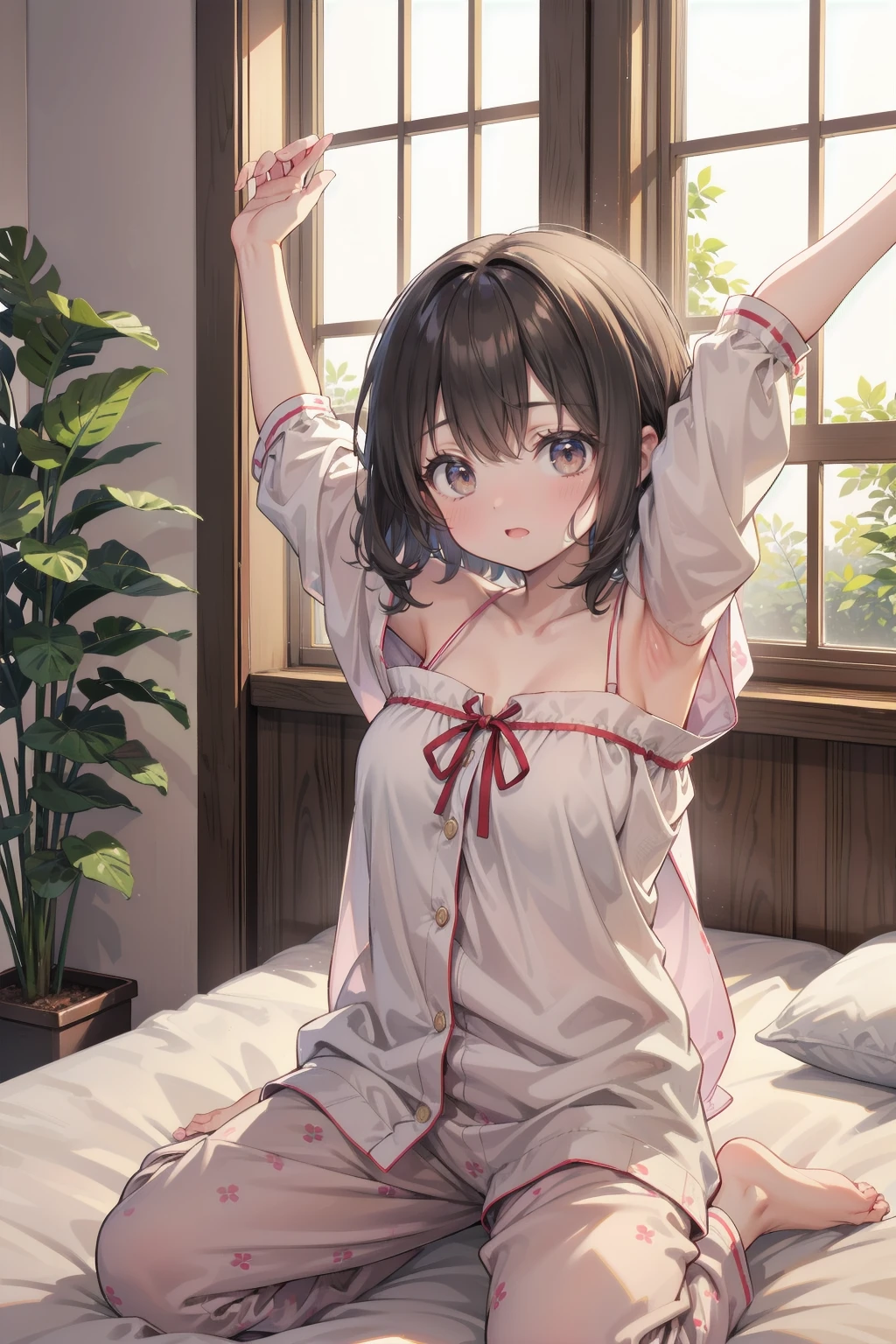 (masterpiece:1.2), Detailed fingers, Beautiful woman, Sitting on the bed, She is wearing a loose off-the-shoulder top., Pajama pants, Short Curly Hair, indoor, Soft lighting, Background plants, Window with sunlight, Cozy rooms, Relaxed pose, Intricate details, Warm colors, Japanese schoolgirl, stretching arms upwards, yawn loudly
