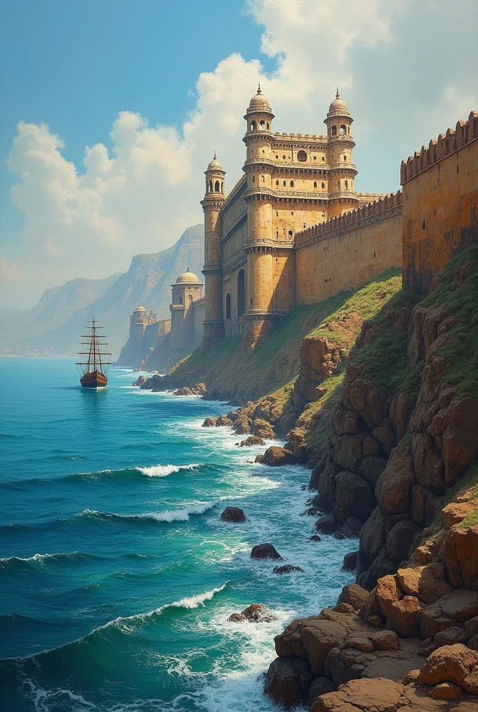 oil paintings huge indian fort with ship and ocean