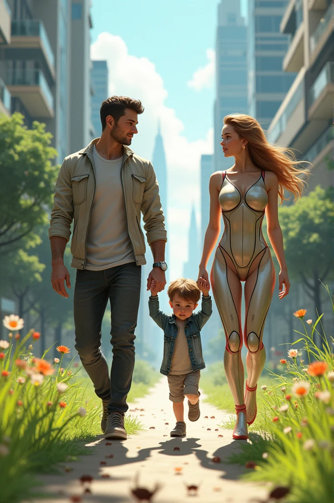 Human man and android wife walking down the street on a beautiful sunny day, their half human half android children chase bugs on the grass,Underboob, nazi, anime,Female,1boy or 1girl, cyberpunk, futuristic clothes, detailed eyes, detailed clothes, detailed body, detailed hands, detailed hair, perfect face, cyberpunk scene