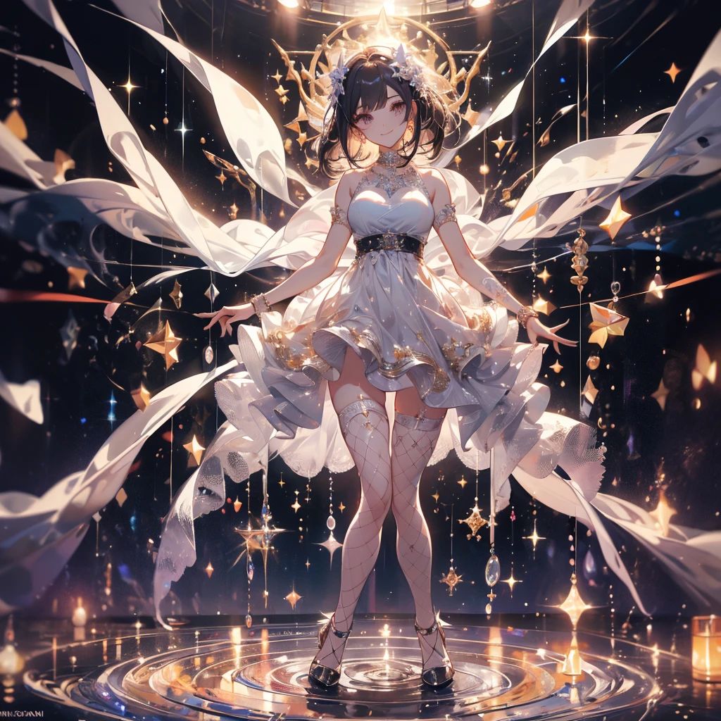 ((masterpiece, best quality)),Idol singer,Shining stage background,Delicate face,Smile,whole body,Perfect body proportions,Shiny white eyes,sexly,Tattoo,Extremely beautiful,transparent,High heel,Fishnet stockings