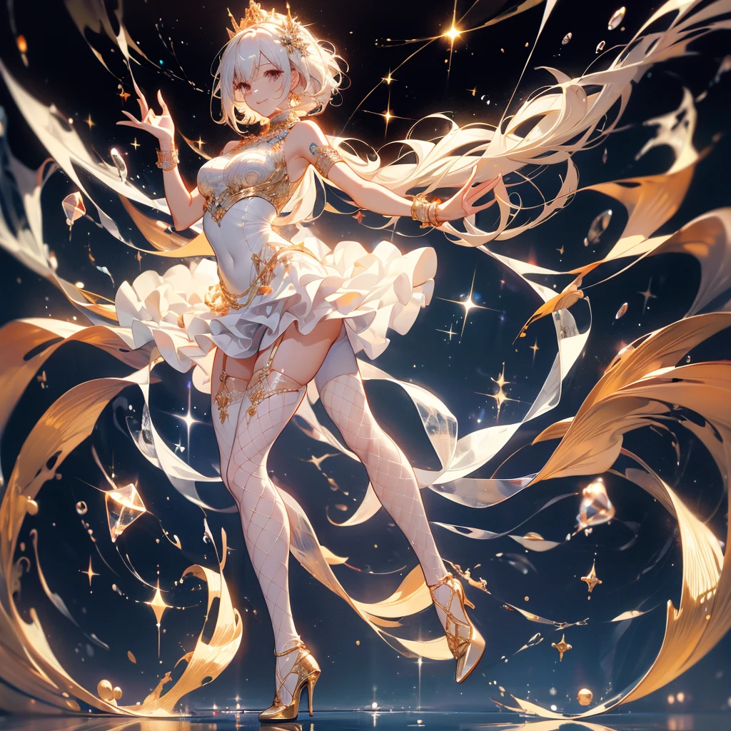((masterpiece， best quality))，Idol singer，Shining stage background，Delicate face，Smile，whole body，Perfect body proportions，Shiny white eyes，sexly，Tattoo，Extremely beautiful，transparent，High heel，Fishnet stockings