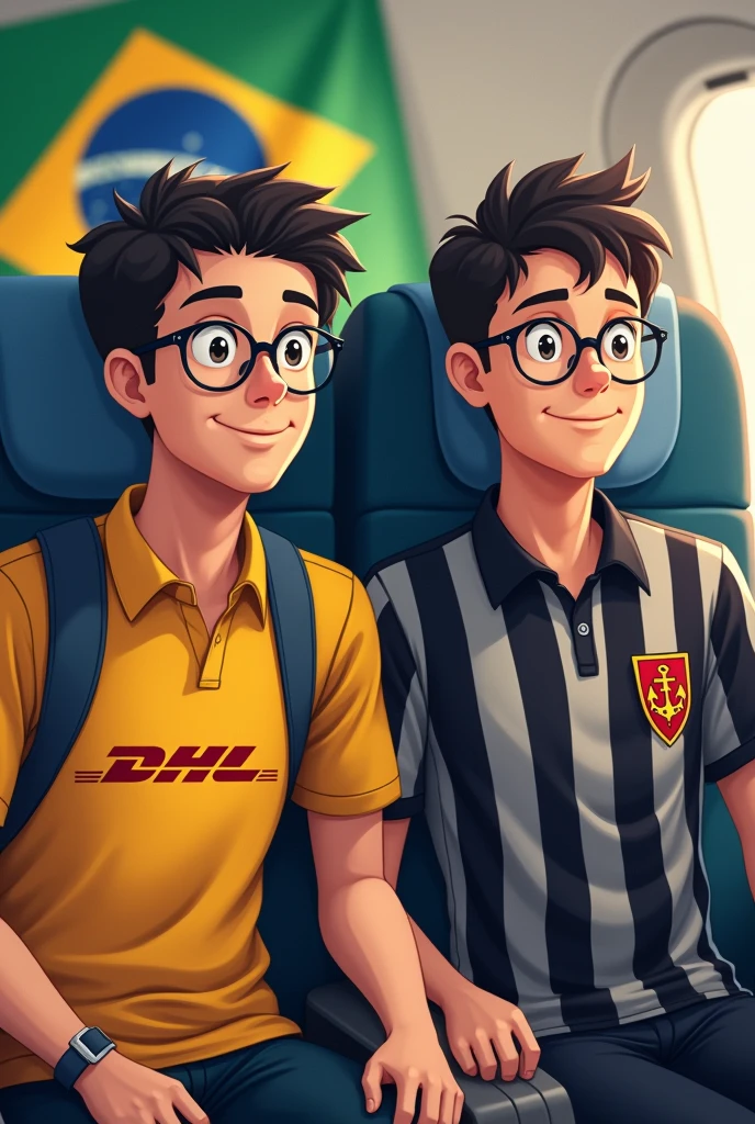 Two men with prescription glasses, Riding a plane, and goatee, one of them is wearing a DHL shirt, and the other with a shirt with vertical stripes, preta e branca, and a team shield that is composed of a red anchor. they are going from BRAZIL to Japan, make it very clear with the flags