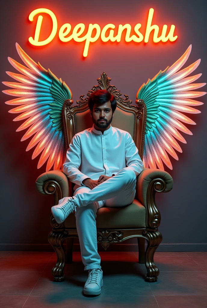 Create a 30 illusion for the profile picture where a cute 19 year old boy in white kurta is sitting comfortably on the chair of the King of Beasts throne. Indian flag in hand And a ferocious lion next to me. Wearing sneakers, he looks ahead. "Deepanshu" is written in large, orange neon light font on the dark gray wall in the background. He has no shadow and has Iridian Tricolor colored wings