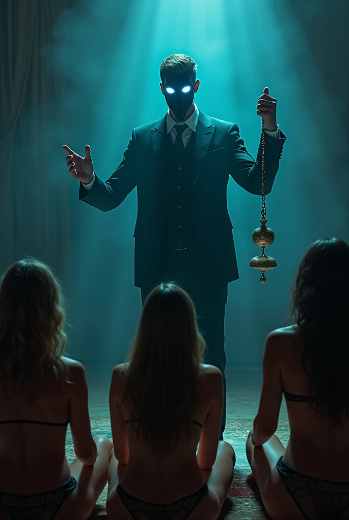 The man in suit with black mouth mask with glowing blue eyes using pendulum Hypnosis on many harem girls who are wearing very short hot sexy mini different type of harem attire,they are in audience
the man is standing on stage
