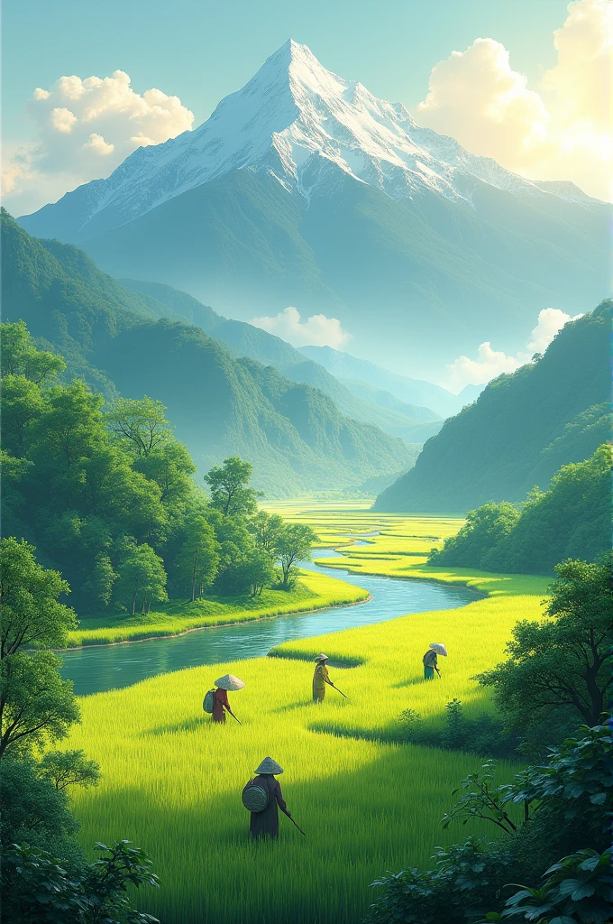 Picture of a mountain view with rice fields and a river below it, in which there are leaves, Trees, and there are people who are harvesting rice fields in a naturalistic style