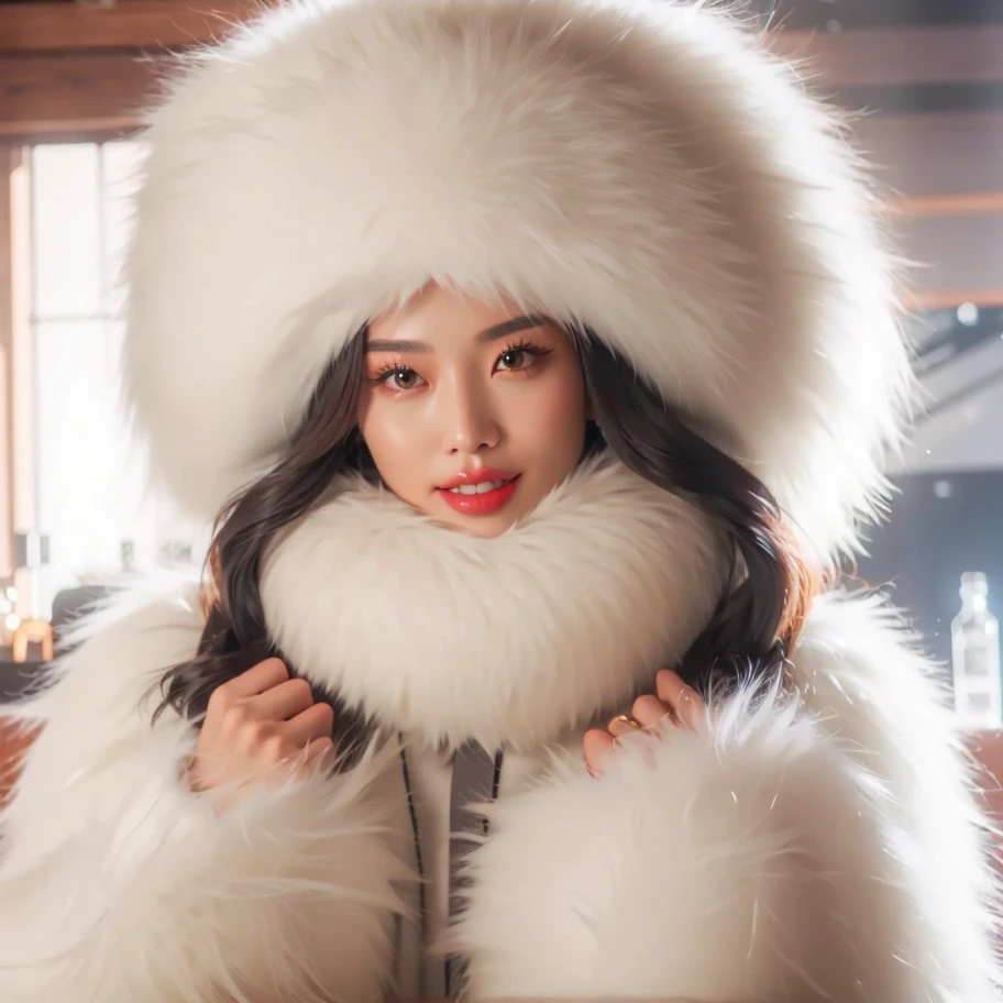 Beautiful girl wearing huge fur hat and white fur coat
